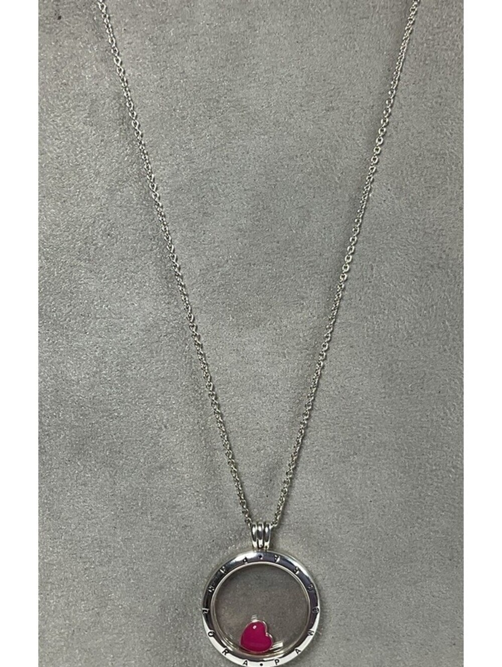 Pandora Floating Circle Locket Pendant Necklace Pink Enamel Heart 30” Adjustable